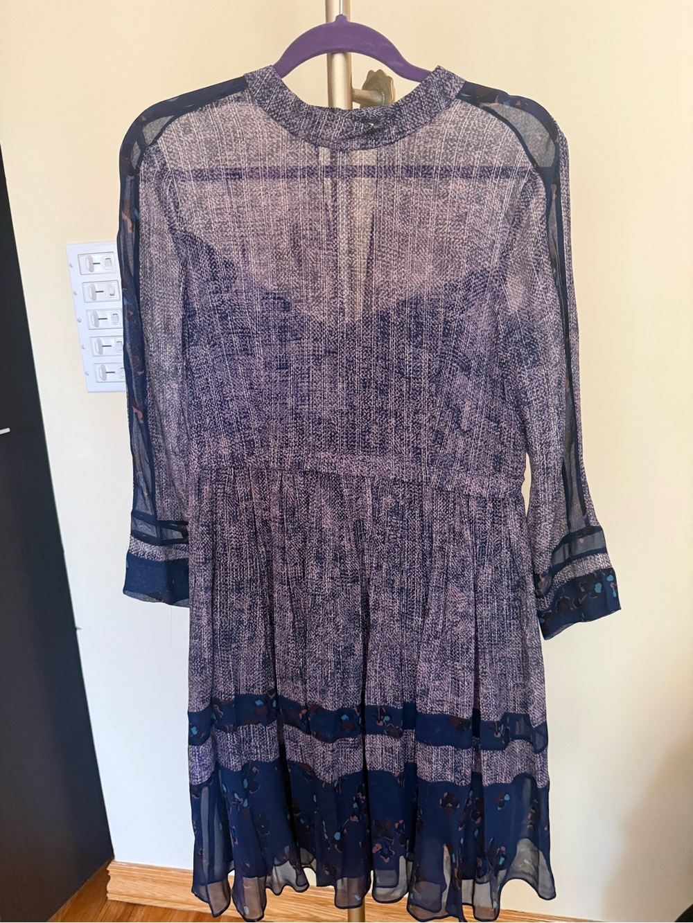 Rebecca Taylor Navy Sheer Long-Sleeve Floral Midi Dress